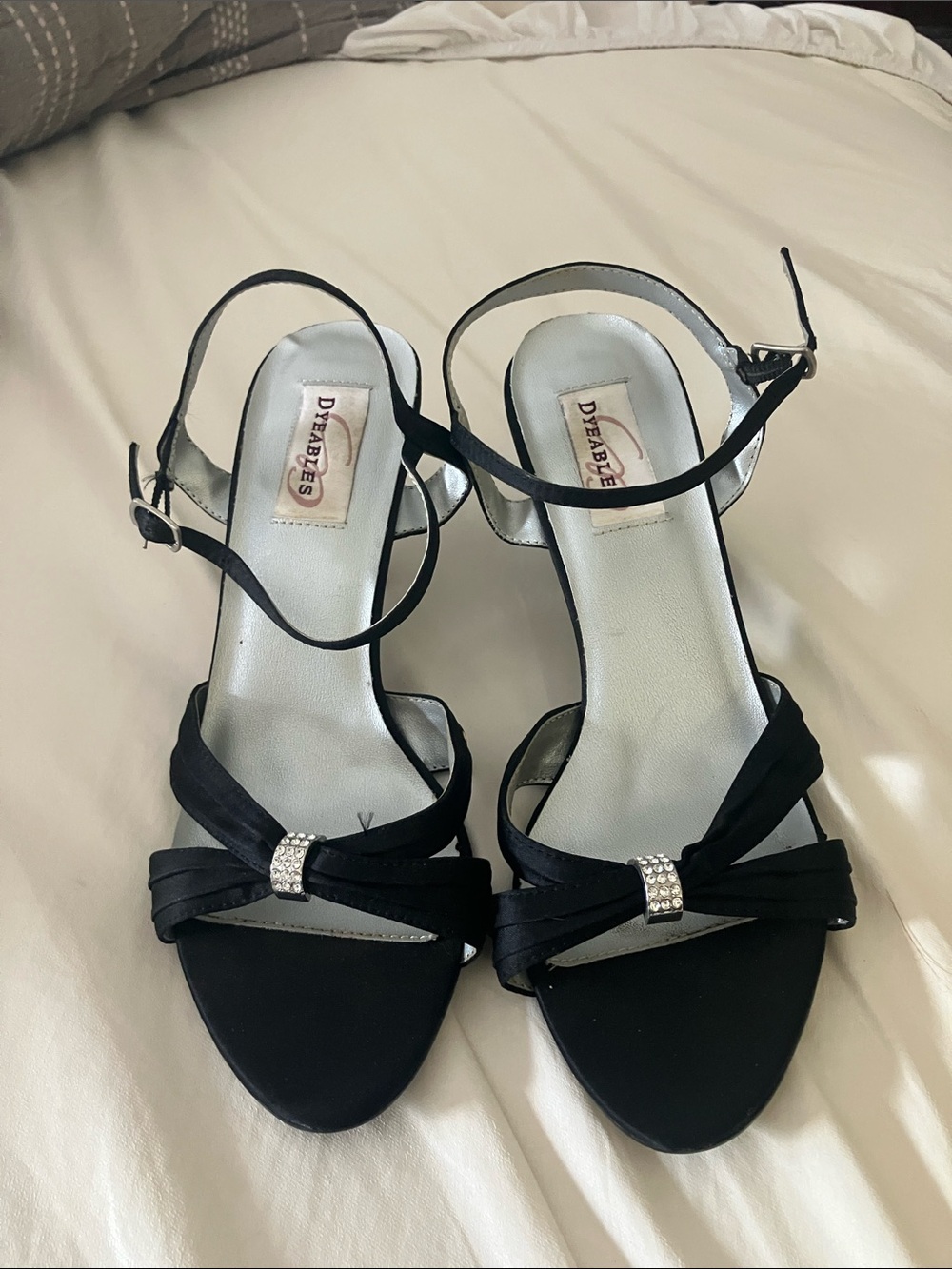 DeeBies Black Satin Rhinestone-Knot Ankle-Strap Heels